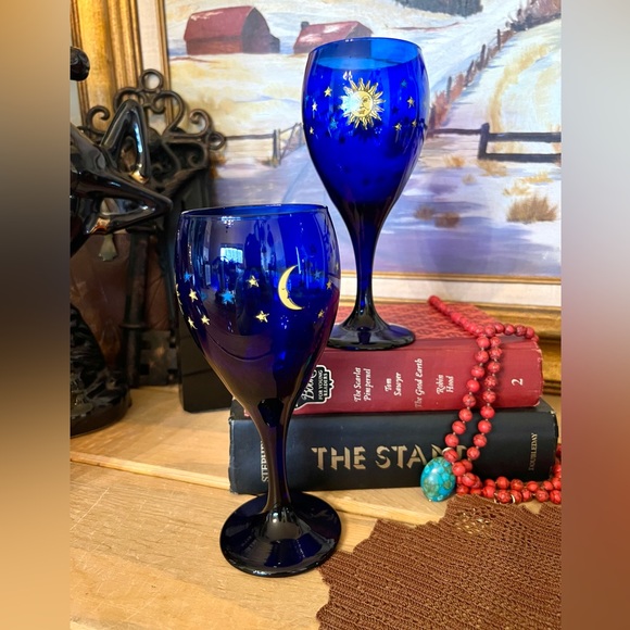 Vintage Set of Two Libbey Celestial Cobalt Blue Blown Wine Glasses